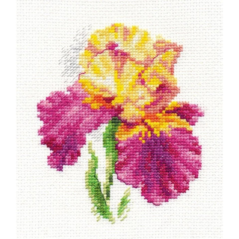 Iris Flower Cross Stitch Embroidery Kit, White Aida 14 Count, 20 Colors, 10 x 12 cm, Alisa, Needle Included