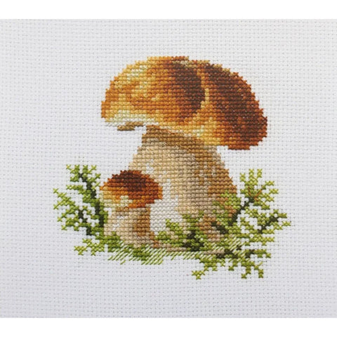 Cross Stitch Kit White Mushrooms, Alisa, Aida 14 Fabric, 10x10 cm, 13 Colors, English Instructions, Needle Included