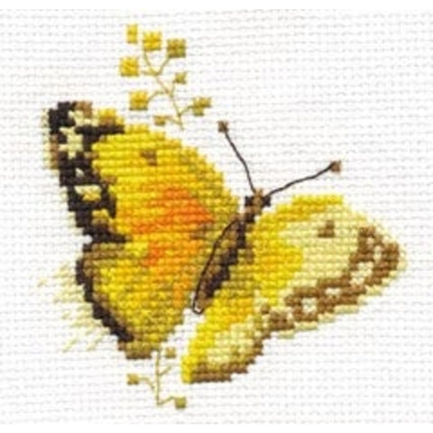 Cross Stitch Kit Colorful Butterflies with Yellow Accents, Alisa, Aida 14 Count, 9 x 8 cm, 9 Thread Colors, English Instructions