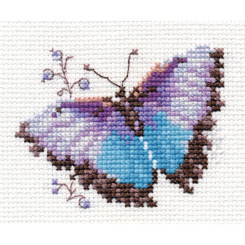 Cross Stitch Embroidery Kit with Blue Butterfly Design, Alisa, Aida 14 Count, 9 x 8 cm, 10 Thread Colors, English Instructions