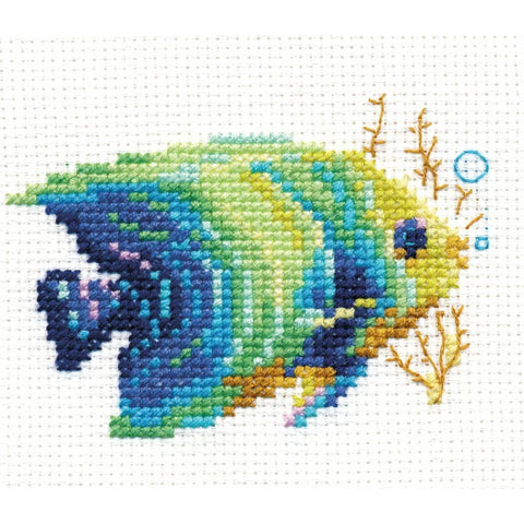 Tropical Fish Cross Stitch Kit, Alisa Embroidery Set, 14 Count White Aida, 13 Colors, Needle, English Instructions, 8 x 7 cm