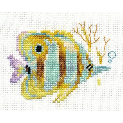 Tropical Fish Cross Stitch Kit, Aida 14 Count, 9 x 7 cm, 13 Colors, Alisa Embroidery Set with Needle and English Instructions
