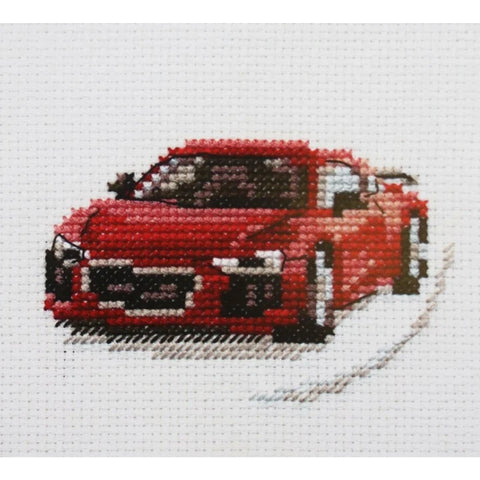Cross Stitch Kit Red Sports Car, 14 Count White Aida Fabric, 9x6 cm, 10 Thread Colors, Alisa Retro Motif DIY Craft Set