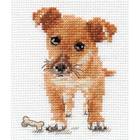 Cross Stitch Embroidery Kit, Cute Puppy Design, 8 x 9 cm, White Aida 14 ct, 12 Colors, English Instructions, Alisa