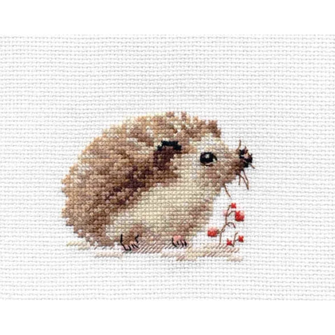 Hedgehog Cross Stitch Kit, Alisa, White 14 Count Aida, 11 Thread Colors, Needle Included, 9 x 7 cm, English Instructions
