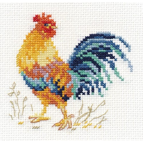 Rooster Cross Stitch Embroidery Kit, Alisa, White Aida 14 Fabric, 13 Thread Colors, 9×10 cm, English Instructions