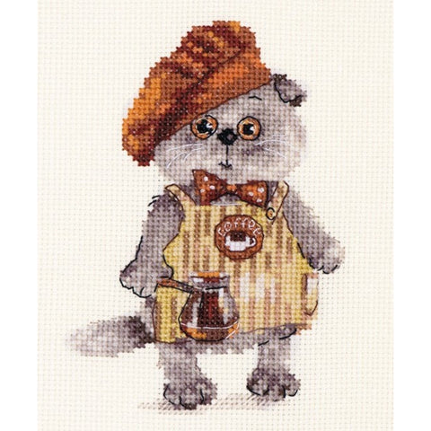Barista Cross Stitch Kit with Gamma Aida 14 Fabric, 10×14 cm, 18 Colors, Alisa Embroidery Set with Pattern and Needle