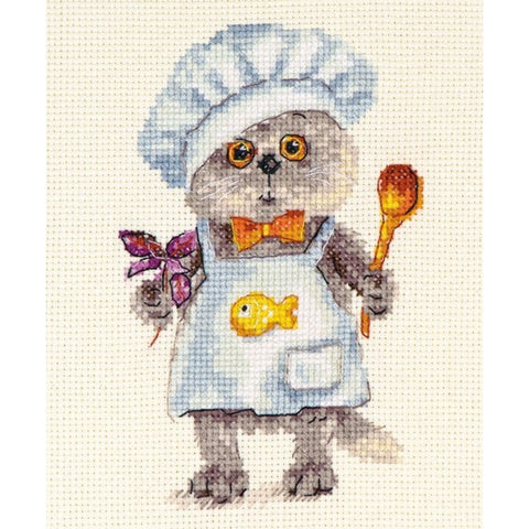 Cross Stitch Kit, Chef Design, Aida 14 Count Cream Fabric, 10 x 14 cm, 20-Color Gamma Floss, Alisa