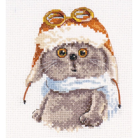 Pilot Cat Cross Stitch Kit, Aida 14 White Fabric, 10 x 12 cm, 17-Color Mouline Threads, Alisa DIY Embroidery Set