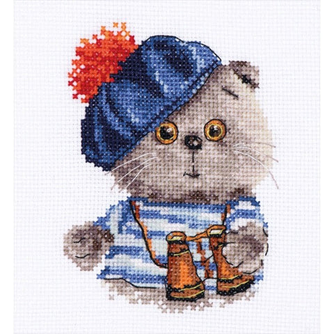 Sailor Cat Cross Stitch Embroidery Kit, Aida 14, 20 Colors, 10 x 12 cm, Alisa, Gamma Threads