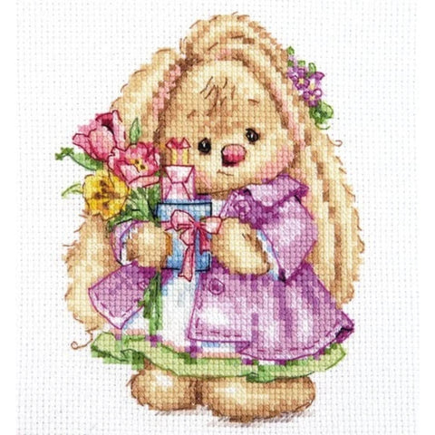 Cross Stitch Embroidery Kit Bunny Spring, Alisa, 14 Count White Aida, 29 Colors, Finished Size 10 × 13 cm