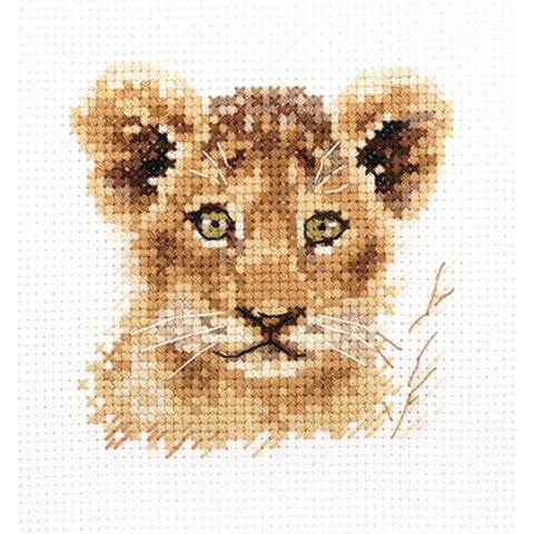 Cross Stitch Kit Lion Cub Portrait, 8x8 cm, Alisa, White Aida 14, 12-Color Embroidery Thread, Beginner Friendly
