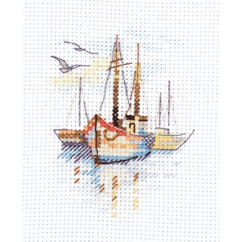 Mini Cross Stitch Kit, Ships at Dawn Maritime Scene, Alisa, Aida 14, 6×9 cm, 13-Color Mouline Threads, Needle and Instructions