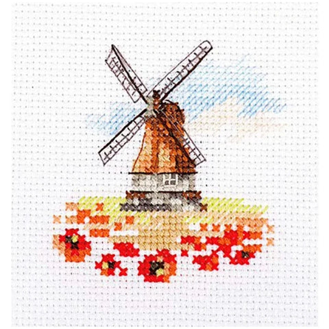 Cross Stitch Kit, Mill in Poppy Field Design, Aida 14, 7 x 7 cm, Alisa, 14 Floss Colors, Needle and Instructions
