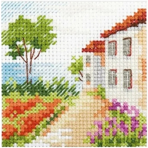 Mini Cross Stitch Kit “Road to the Sea,” 7 x 7 cm, Alisa, White Aida 14 Canvas, 18-Color Mouline Threads, Needle & Instructions