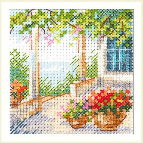Cross Stitch Kit Flower Terrace Mini 7x7 cm, Aida 14 Count, 19 Thread Colors, Alisa