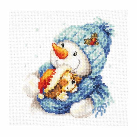 Cross Stitch Embroidery Kit with Snowman and Dog, Winter Design, Alisa, Fabric, Cotton Threads, Needle, Chart and Instructions