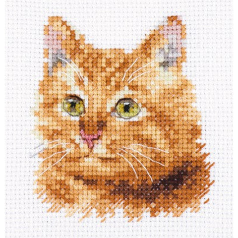 Cat Cross Stitch Kit, Ginger Cat Portrait, 8 x 8 cm, Gamma Aida 14 Canvas, 15 Colors, Alisa DIY Embroidery Kit