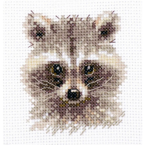 Raccoon Cross Stitch Kit for Beginners, Alisa, 7x7 cm, White Aida 14 Canvas, 10-Color Embroidery Floss, Needle & Instructions