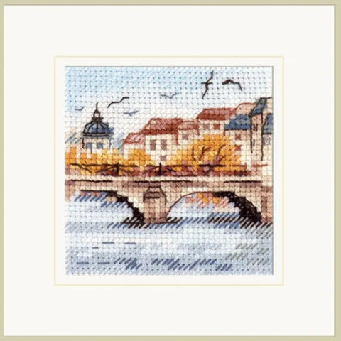 Mini Counted Cross Stitch Kit, Autumn Cityscape with Seagulls Above a Bridge, 14 Count Linen, 7 x 7 cm, Alisa