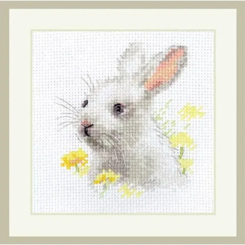 Cross Stitch Kit with White Rabbit, 14 Count Linen, 9x9 cm, Alisa Embroidery Kit, 16 Colors, English and Russian Instructions