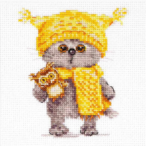 Cross Stitch Kit with Cat Basik and Owl, Counted Aida Pattern, Cotton Threads, Alisa Craft Kit for Wall Decor and Relaxation