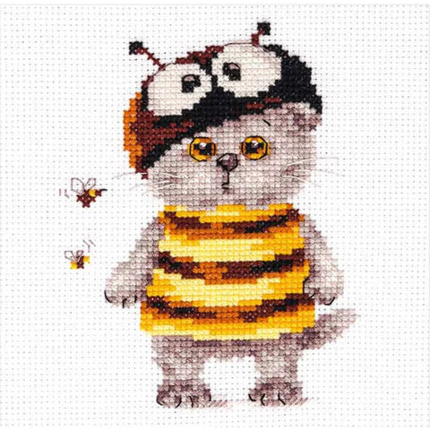 Cross Stitch Embroidery Kit, Basik Cat and Bee Design, Alisa, 10x12 cm, Colorful Pattern for Beginners and Advanced Stitchers