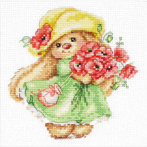 Cross Stitch Kit with Rabbit and Poppies, Alisa, Aida Fabric, Cotton Threads, Needle and Pattern, Beginner-Friendly Embroidery Set