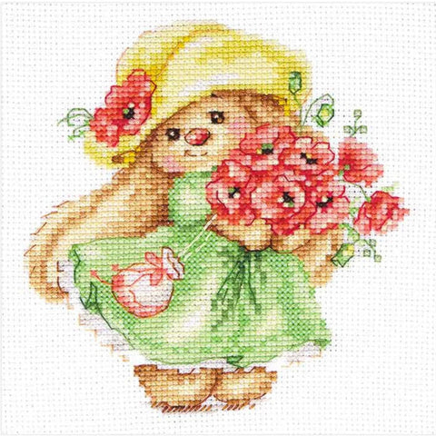 Cross Stitch Kit with Rabbit and Poppies, Alisa, Aida Fabric, Cotton Threads, Needle and Pattern, Beginner-Friendly Embroidery Set