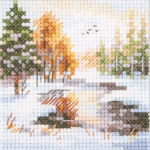 Cross Stitch Kit Winter Forest Landscape, Alisa Embroidery Set with Fabric, Threads, Needle, Chart and Instructions