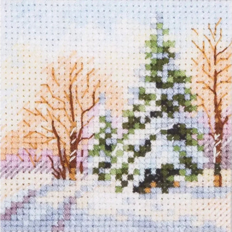 Cross Stitch Embroidery Kit, Winter Snowy Fir Tree Landscape, Alisa, Canvas, Threads, Needle, Pattern and Color Chart