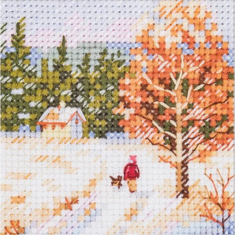 Counted Cross Stitch Kit, Winter Landscape Road Home Design, Alisa Embroidery Kit with Aida Fabric, Cotton Threads and Needle
