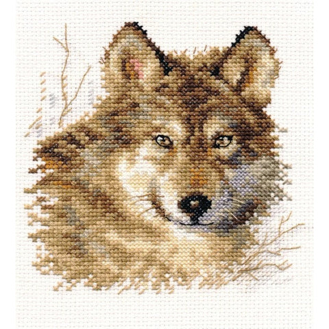 Wolf Cross Stitch Kit, 14 Count White Aida, 12 x 12 cm, 14 Colors, English Instructions, Alisa