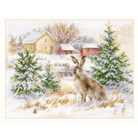 Cross Stitch Kit Winter Landscape with Brown Hare, Alisa, Aida 16 Canvas, 23×17 cm, 27 Thread Colors, 2 Needles