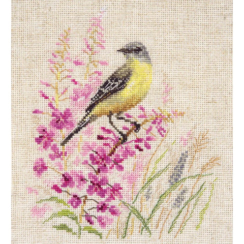 Cross Stitch Embroidery Kit with Wagtail Bird Motif, Natural Tones, Alisa, Pattern and Instructions for Home Decor