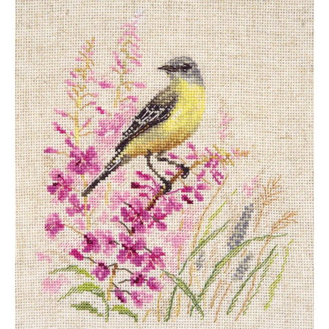 Cross Stitch Embroidery Kit with Wagtail Bird Motif, Natural Tones, Alisa, Pattern and Instructions for Home Decor