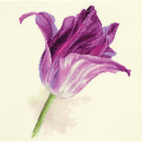Cross Stitch Kit with Lilac Tulips, Alisa Aida 16 Count, 26 Colors, 22 × 26 cm, Cream Canvas, Embroidery Pattern and Needle