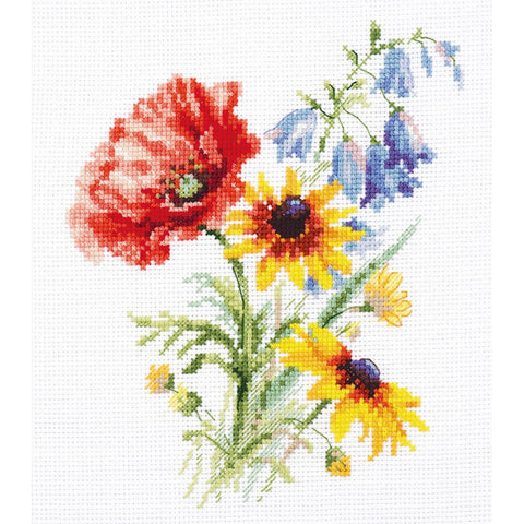 Cross Stitch Kit with Poppy Bouquet Design, Alisa, 13 x 16 cm, White Aida 16 Count, 23-Color Embroidery Set