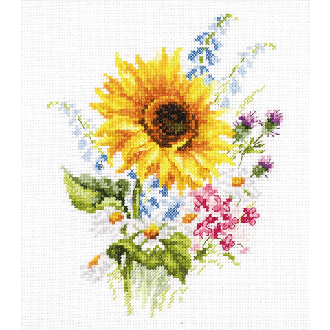 Sunflower Bouquet Cross Stitch Kit, Alisa Aida 16 Canvas, 25 Colors, Needle and Instructions, 13×16 cm Embroidery Pattern
