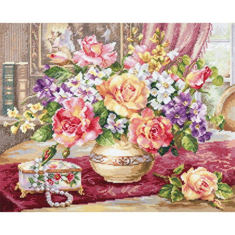 Rose Counted Cross Stitch Kit, Alisa, Aida 14 White Fabric, 39×33 cm, 49-Color Embroidery Set with Needle and Instructions