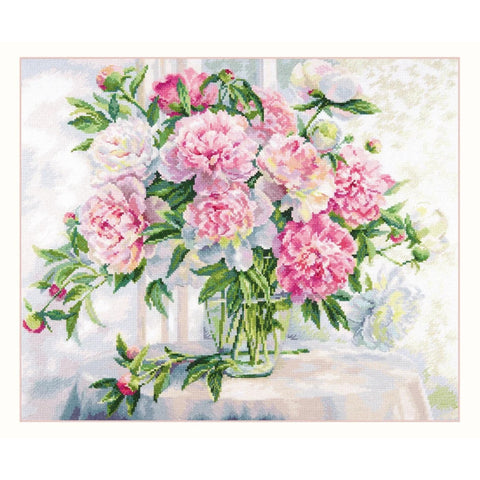 Cross Stitch Kit Peonies by the Window, Aida 14 Canvas, 46 × 38 cm, 48 Colors, Alisa