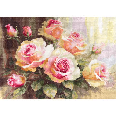 Cross Stitch Embroidery Kit with Roses in Sunlight, Alisa, Cotton Threads, Beginner-Friendly DIY Wall Art, Pink Green Gold Tones
