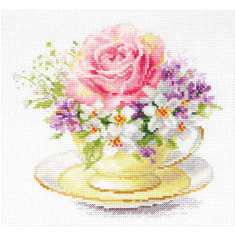 Cross Stitch Kit with Cup and Rose Motif, Alisa Aida Fabric, Cotton Threads, Needle, Color Guide and Pattern, Pastel Tones