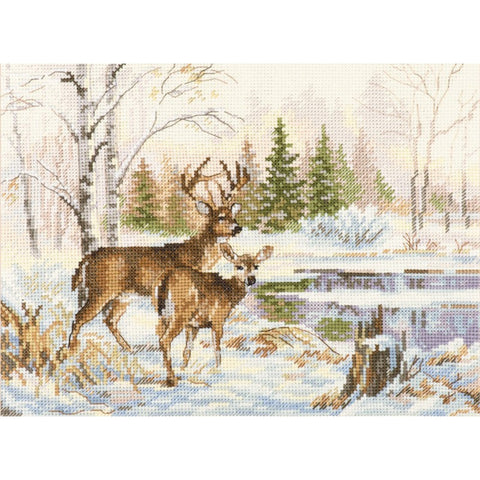 Cross Stitch Kit Forest Lake Landscape, Alisa Gamma Aida 16 Cream Fabric, 23×17 cm, 27-Color Thread Set