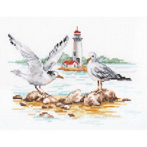 Seagulls Cross Stitch Embroidery Kit, Alisa, White Aida 14 Fabric, 22 Colors, 19×14 cm, Thread, Needle and Instructions