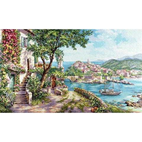Alisa Cross Stitch Kit Blue Seaside Landscape, Aida Canvas, Cotton Threads, Beginner-Friendly Embroidery Set for Home Decor