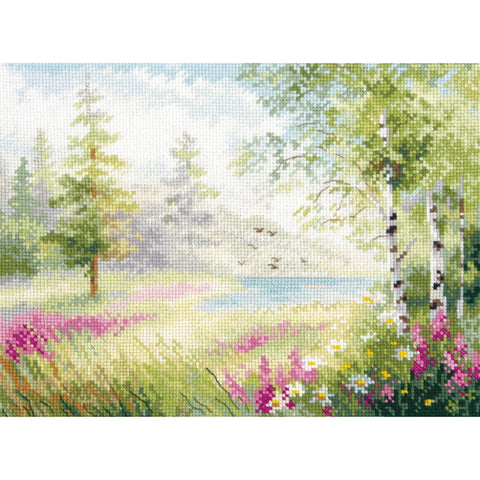 Cross Stitch Kit Blue Lake Landscape Embroidery Set, Alisa, Canvas, Threads, Needle, Pattern and Instructions