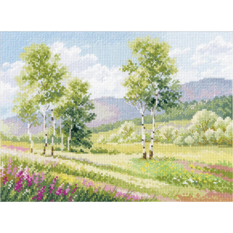 Cross Stitch Kit with Birch Landscape, Alisa Embroidery Set, Beginner-Friendly Nature Scene, Green, White, Gray and Blue Threads