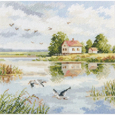 Cross Stitch Kit House by the Lake Landscape, Counted Cross Stitch, Aida Canvas, Cotton Threads, Beginner Friendly, Alisa