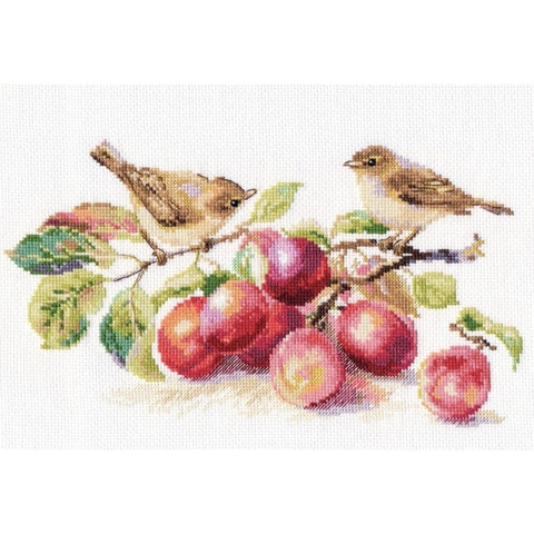 Cross Stitch Kit Birds and Plums, White Aida 14 Count, 29 x 16 cm, 33 Colors, Alisa